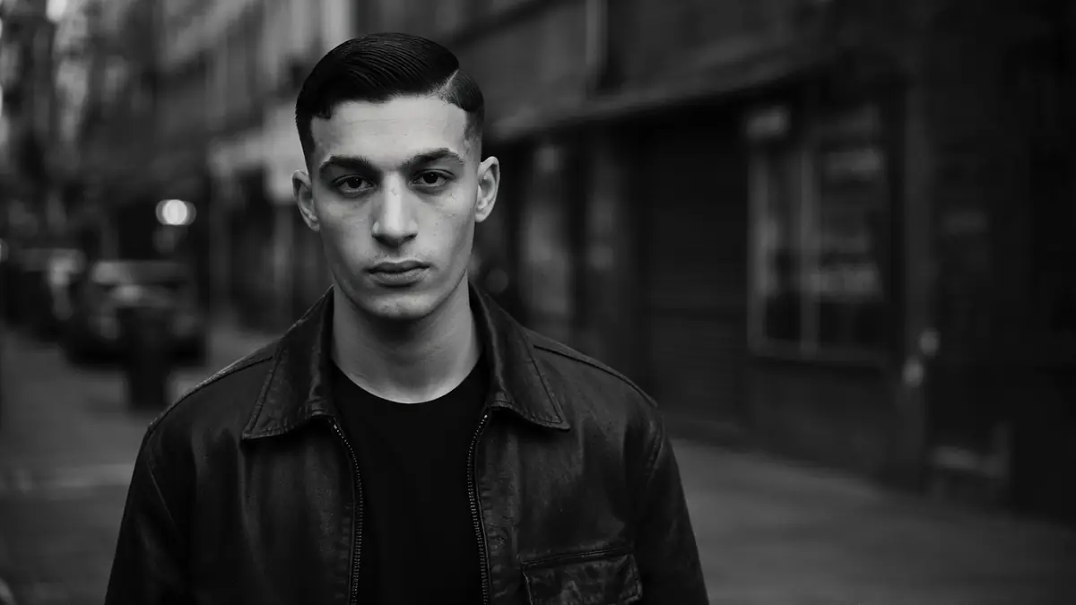 Portrait en noir et blanc de Bilal Ben Osmane portant une veste en cuir dans une rue urbaine