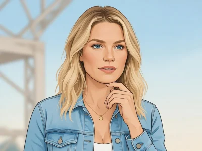 Portrait illustré de la comédienne Aurore Delplace avec ses cheveux blonds et une veste en jean