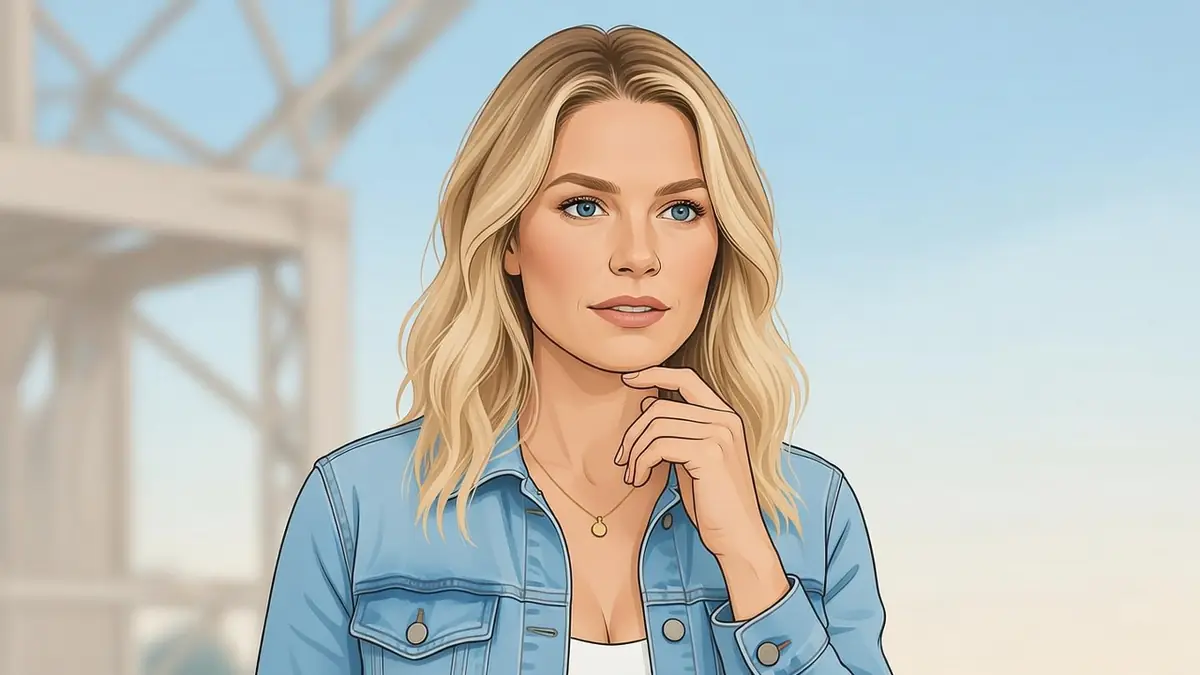 Portrait illustré de la comédienne Aurore Delplace avec ses cheveux blonds et une veste en jean