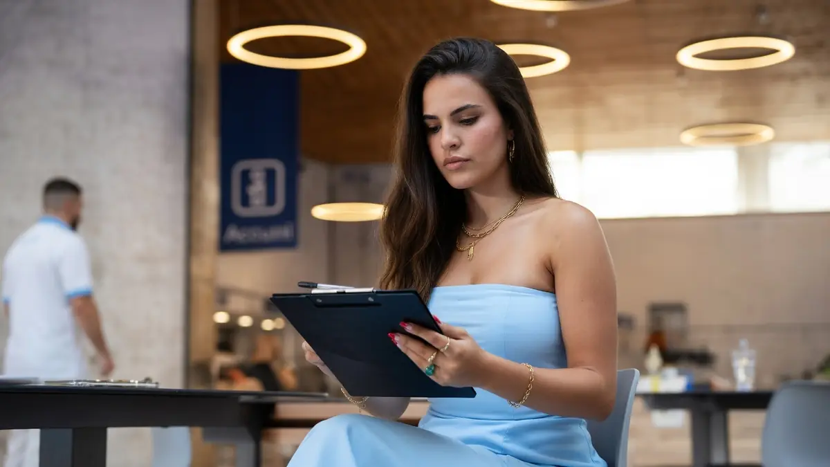 Sara Gançarski examine attentivement des documents sur un presse-papier dans un espace de travail moderne