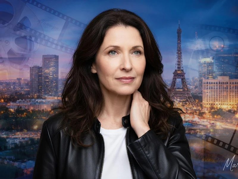 Marie Mouté est photographiée devant un arrière-plan mêlant la tour Eiffel et des scènes hollywoodiennes