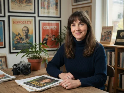 Portrait souriant de Marie Petiot assise à son bureau, entourée d'affiches de films et de livres