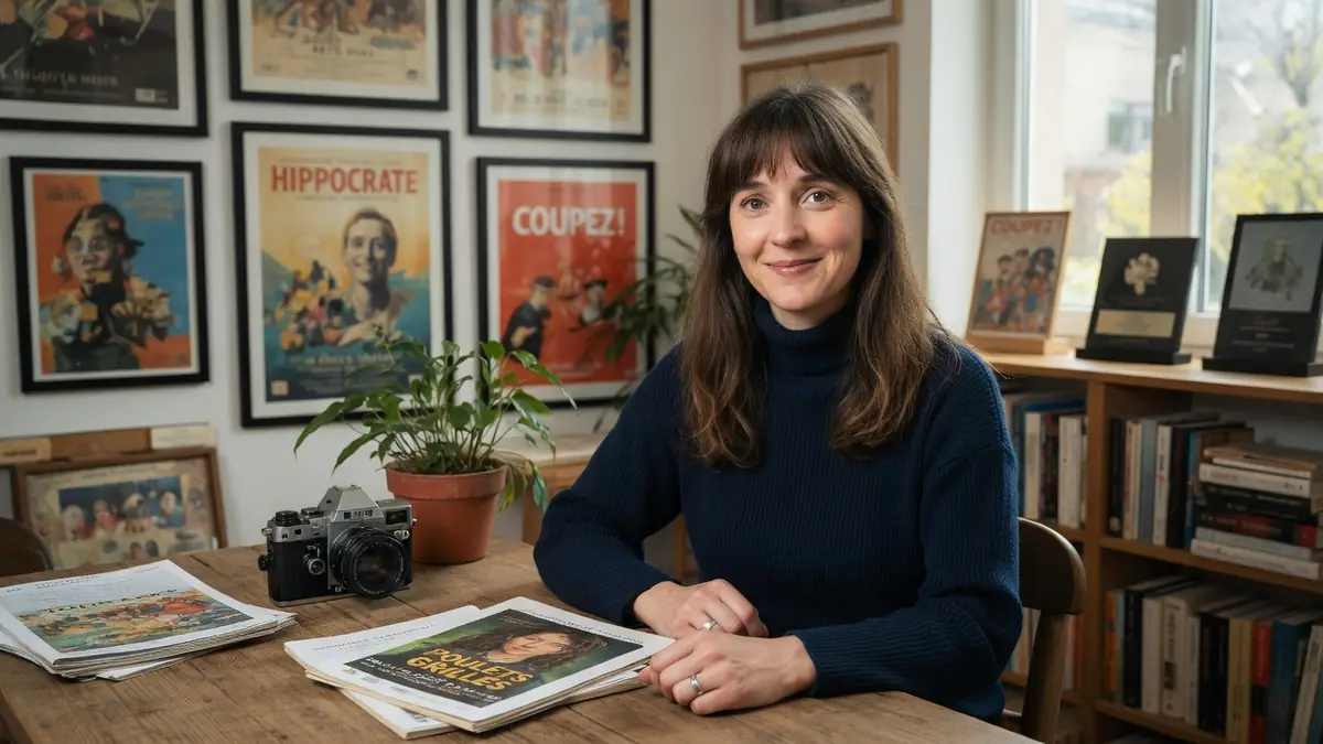 Portrait souriant de Marie Petiot assise à son bureau, entourée d'affiches de films et de livres