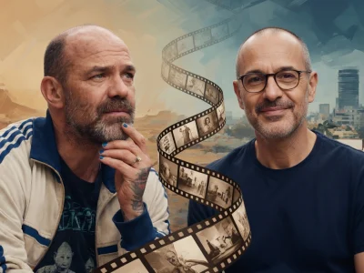 Portrait composite montrant les deux visages de l'acteur Richard Bellamy reliés par une pellicule de film