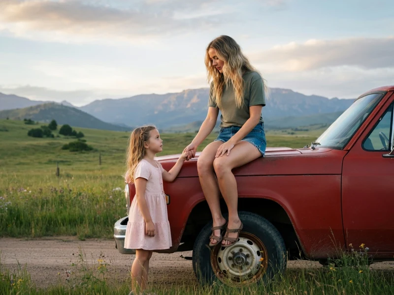Une femme et une petite fille se tiennent près d'un vieux pick-up rouge dans une scène inspirée de Reminders of Him
