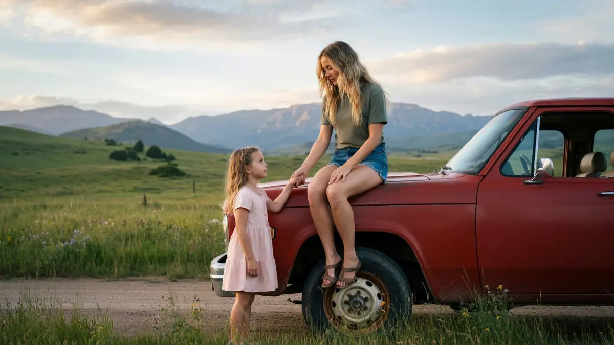 Une femme et une petite fille se tiennent près d'un vieux pick-up rouge dans une scène inspirée de Reminders of Him
