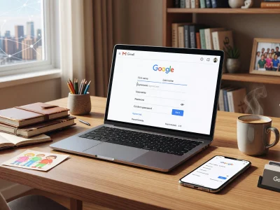 Sur un bureau en bois un ordinateur portable sert à créer une adresse mail Gmail dans un cadre lumineux et organisé
