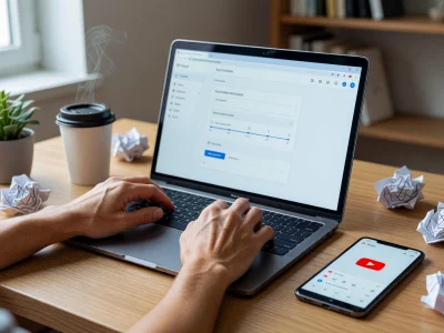 Une personne réalise la création compte Gmail sur un ordinateur portable posé sur un bureau en bois