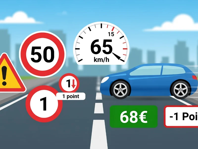 Une voiture bleue sur une route avec un compteur de vitesse montrant un excès de vitesse entre 10 et 20 km/h