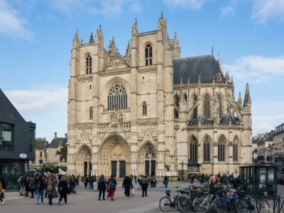 La cathédrale Saint-Pierre-et-Saint-Paul de Nantes s'élève au-dessus d'une place piétonne animée