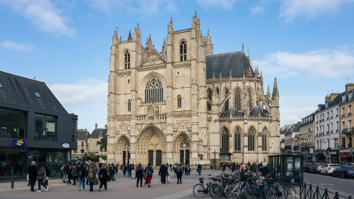 La cathédrale Saint-Pierre-et-Saint-Paul de Nantes s'élève au-dessus d'une place piétonne animée