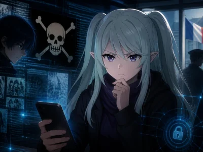 Une jeune fille aux cheveux clairs consulte son téléphone dans une ambiance sombre évoquant epsilon Manga