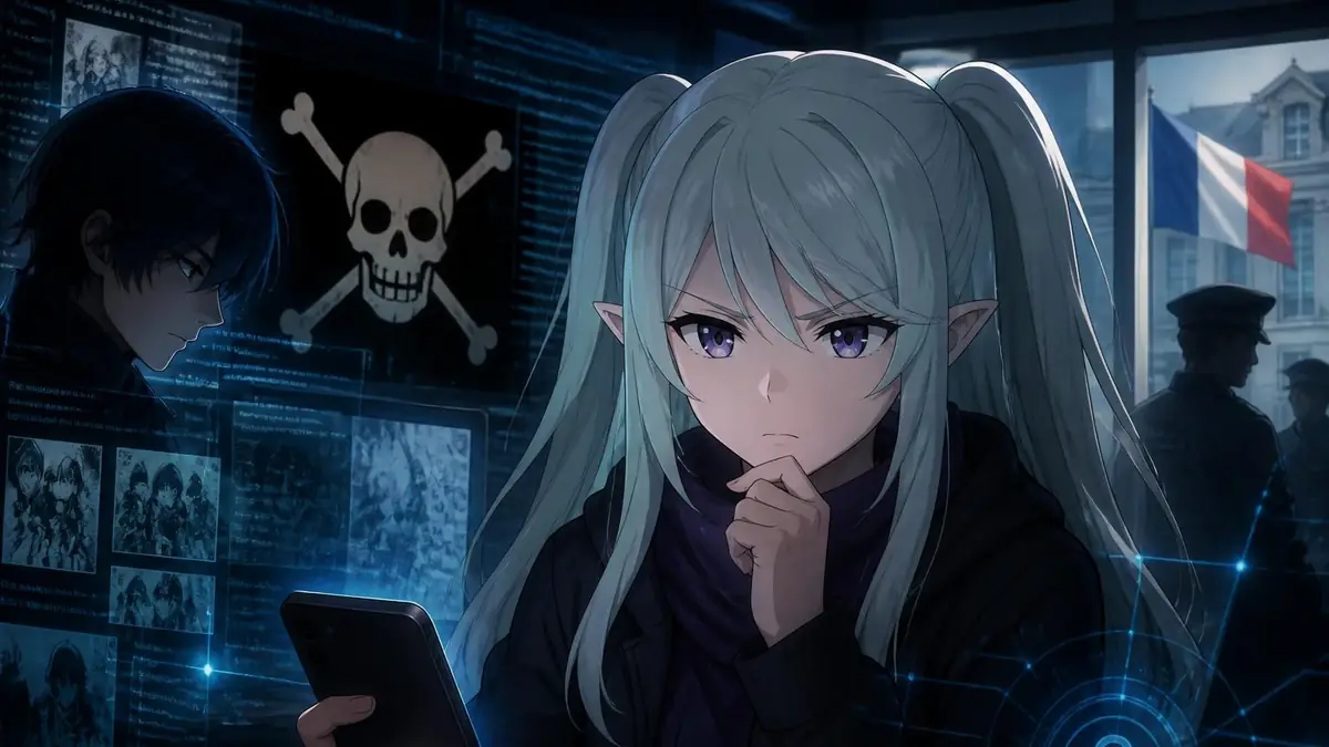 Une jeune fille aux cheveux clairs consulte son téléphone dans une ambiance sombre évoquant epsilon Manga