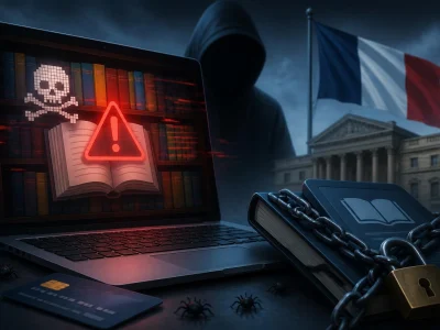 Un ordinateur affichant des risques de piratage liés au site 1001 Ebook devant un bâtiment officiel français