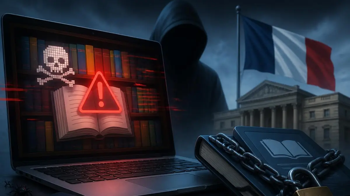 Un ordinateur affichant des risques de piratage liés au site 1001 Ebook devant un bâtiment officiel français