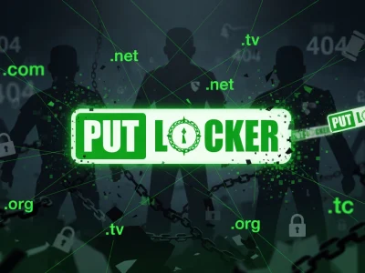 Des silhouettes entravées par des chaînes et cadenas symbolisent Putlocker 6 au sein d'un réseau numérique restreint.
