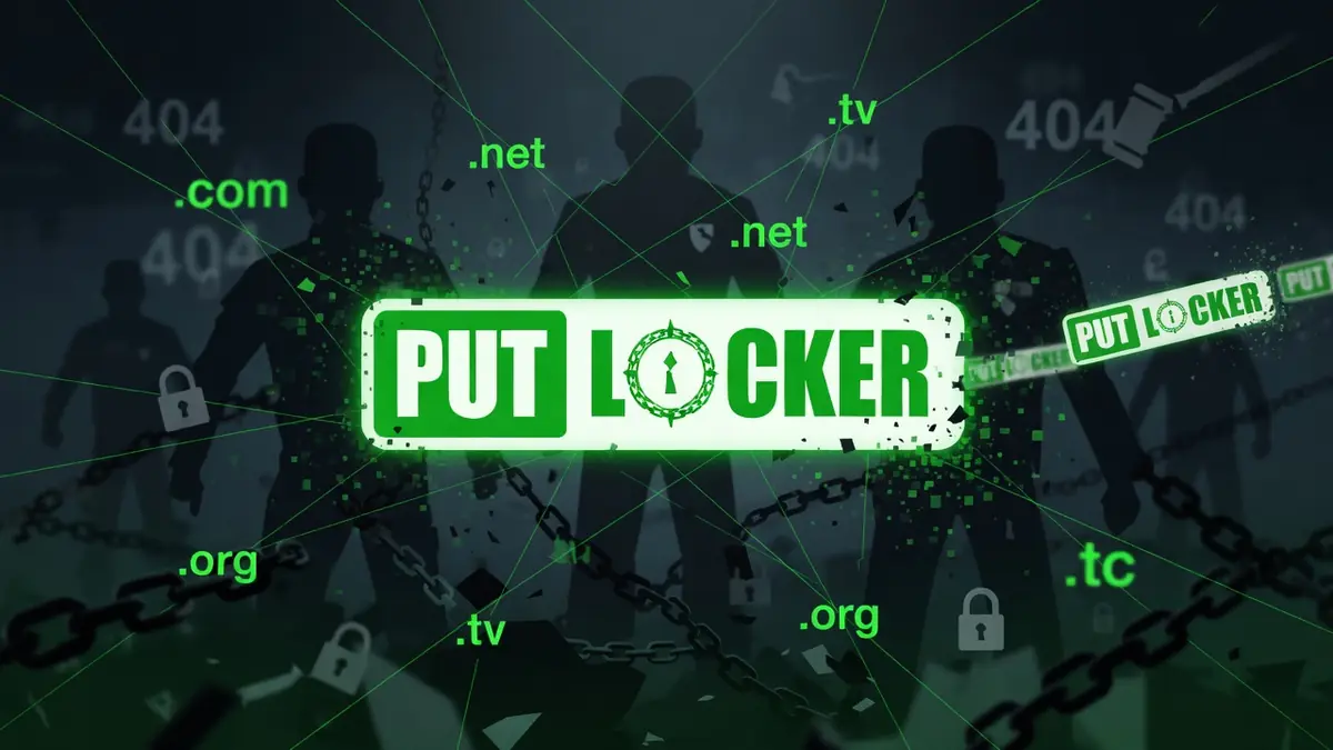 Des silhouettes entravées par des chaînes et cadenas symbolisent Putlocker 6 au sein d'un réseau numérique restreint.