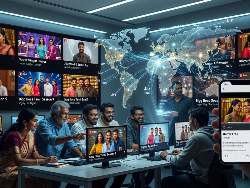 Une équipe dans une salle de contrôle high-tech gère le réseau global de tamildhool Tech via des écrans et une carte du monde