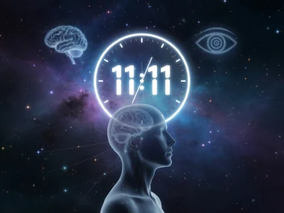 Une silhouette humaine au cerveau visible et une horloge lumineuse sur fond galactique symbolisent les heures miroir