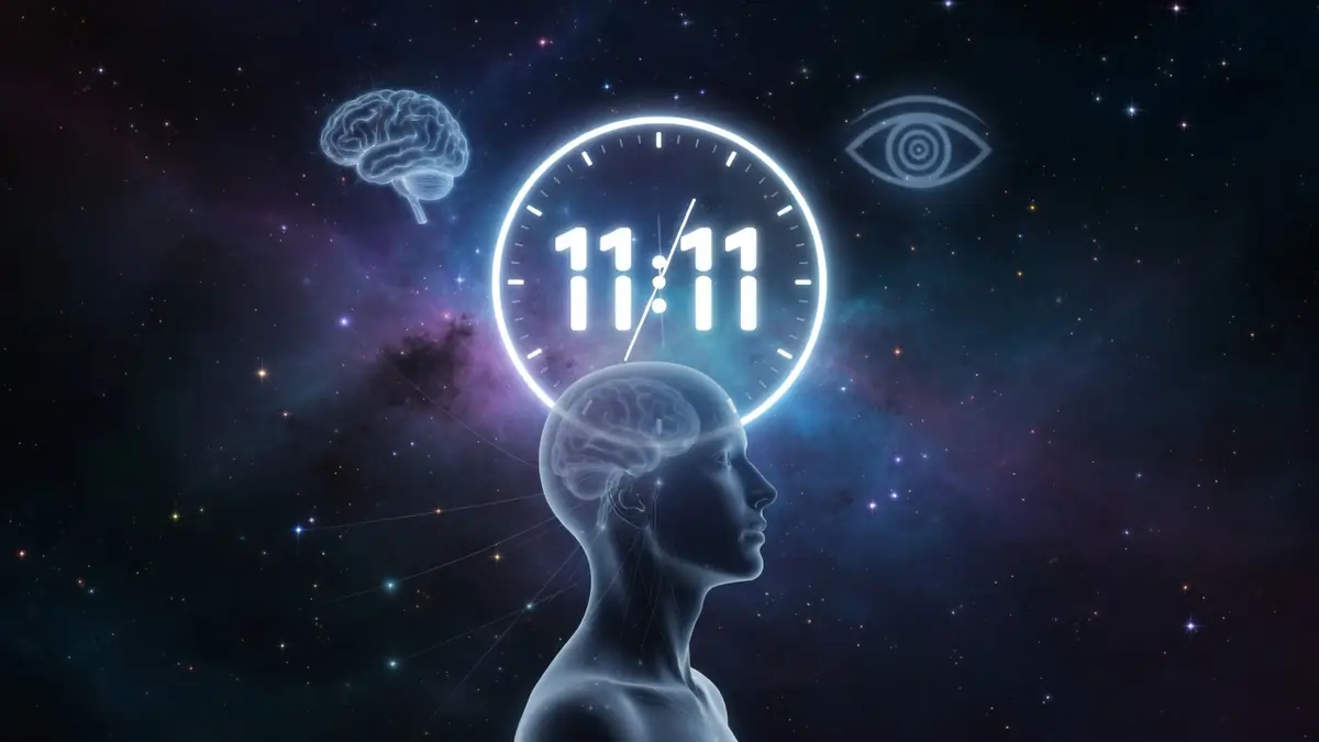 Une silhouette humaine au cerveau visible et une horloge lumineuse sur fond galactique symbolisent les heures miroir
