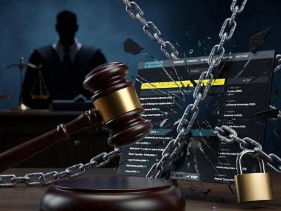 Un marteau de juge et des chaînes brisant un écran symbolisent les restrictions liées à Diparaz com
