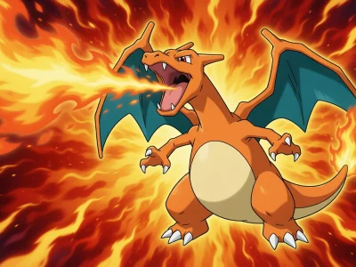 Le Pokémon Dracaufeu crache une puissante flamme au milieu d'un brasier intense