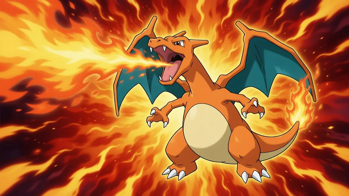 Le Pokémon Dracaufeu crache une puissante flamme au milieu d'un brasier intense