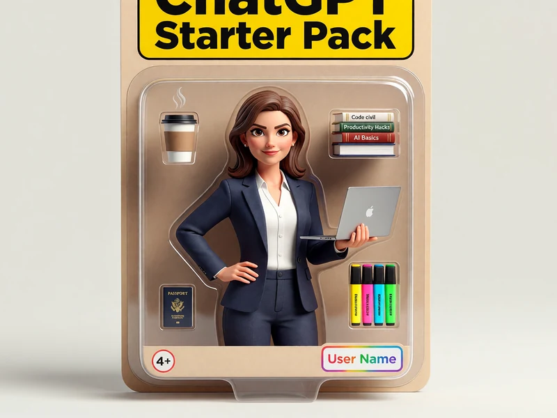 Une femme en tenue professionnelle tenant un ordinateur dans un ChatGPT starter pack avec divers accessoires