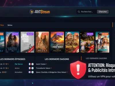 Interface d'un site de diffusion de films et séries permettant le just streaming avec un avertissement de sécurité