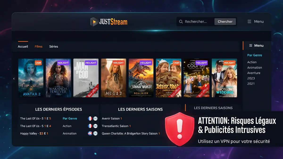 Interface d'un site de diffusion de films et séries permettant le just streaming avec un avertissement de sécurité