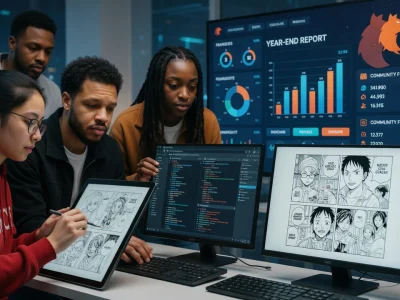 Des jeunes professionnels échangent autour du scantrad dans un bureau moderne rempli d'écrans et tablettes