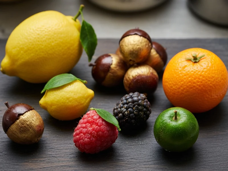 Des fruits variés sur ardoise sombre en trompe l oeil cedric grolet
