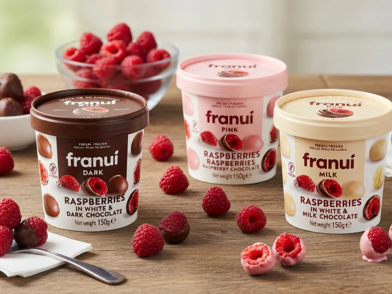 Trois pots de glaces Franui aux framboises et chocolats sur une table en bois