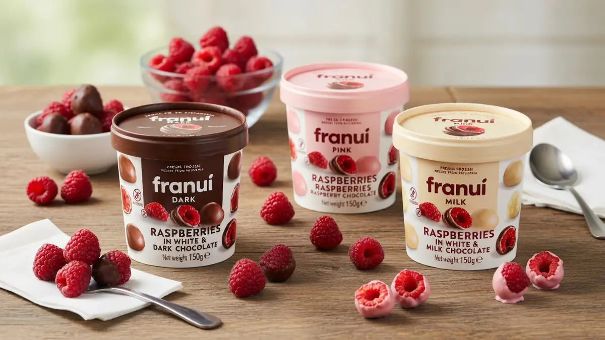 Trois pots de glaces Franui aux framboises et chocolats sur une table en bois