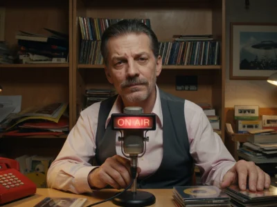 gérard de Suresnes est installé devant un micro dans un studio radio