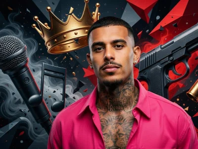 Portrait stylisé de Greg Yega entouré d'une couronne, d'un micro, d'une note de musique et d'une arme à feu
