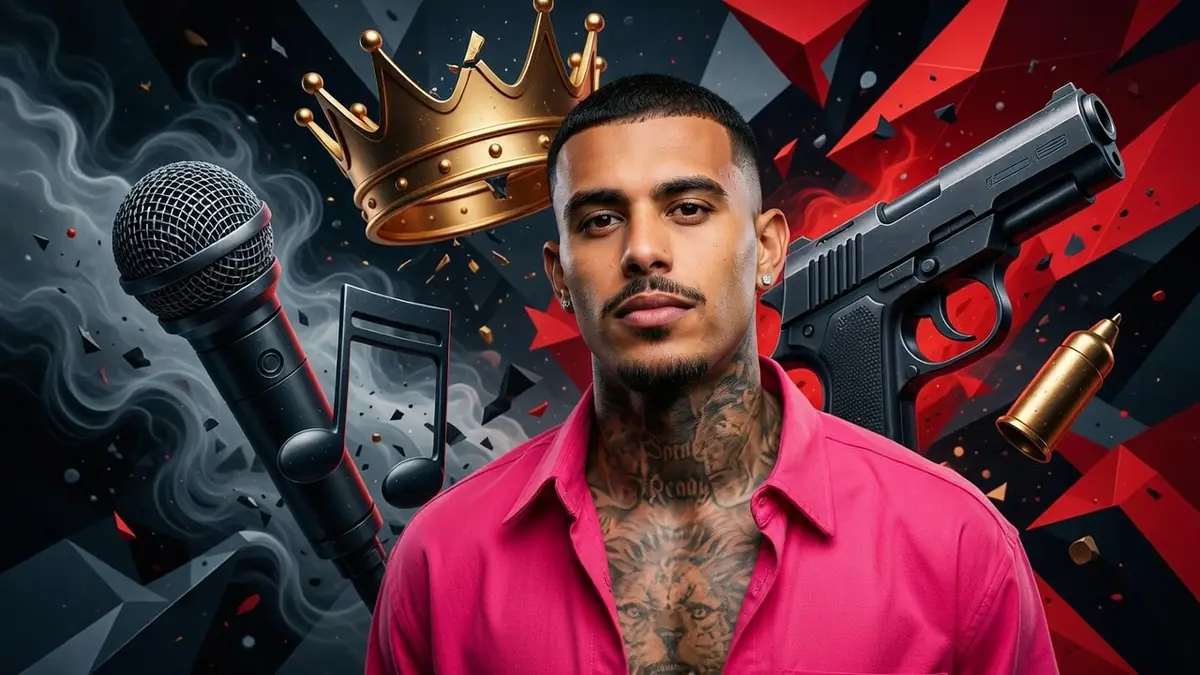 Portrait stylisé de Greg Yega entouré d'une couronne, d'un micro, d'une note de musique et d'une arme à feu