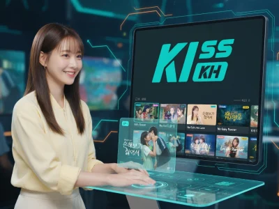 Une femme interagit avec Kisskh sur une interface holographique futuriste