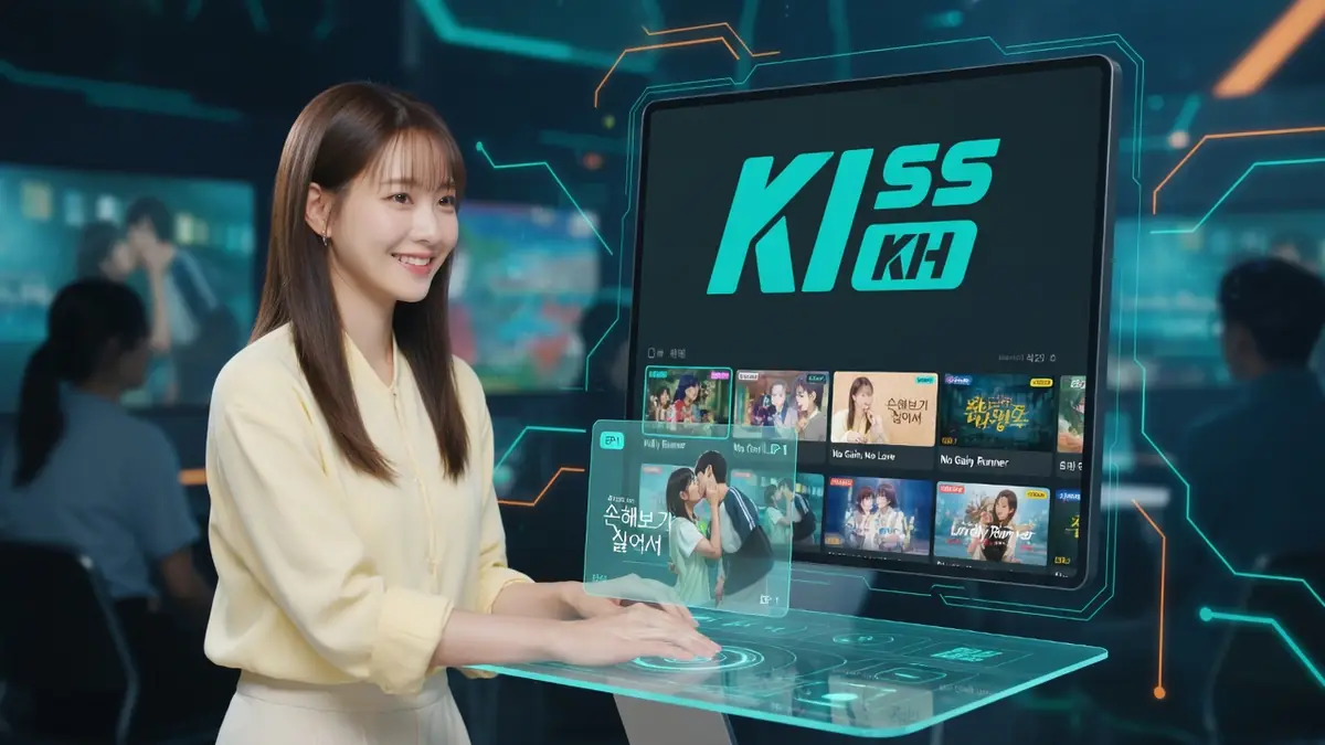 Une femme interagit avec Kisskh sur une interface holographique futuriste