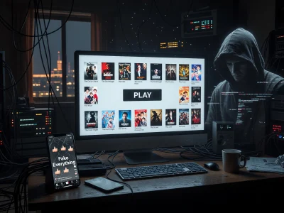Dans une pièce sombre un homme encapuchonné visionne du contenu sur Moviepire via son ordinateur