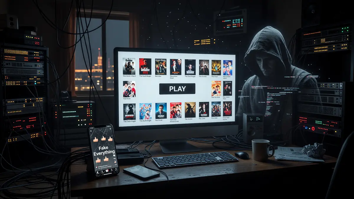 Dans une pièce sombre un homme encapuchonné visionne du contenu sur Moviepire via son ordinateur