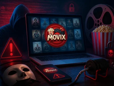 Un pirate informatique observe un ordinateur portable affichant la plateforme Movix dans un environnement menaçant