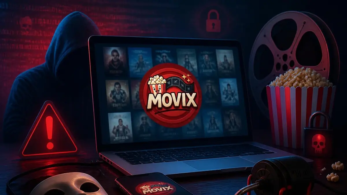 Un pirate informatique observe un ordinateur portable affichant la plateforme Movix dans un environnement menaçant