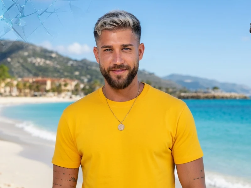 Portrait du candidat de télé-réalité paga souriant devant une plage ensoleillée