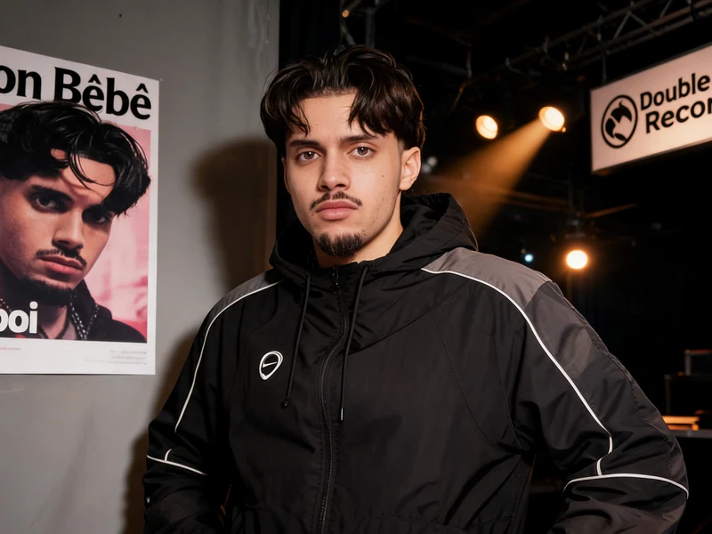 Rnboi se tient dans un studio portant une veste noire et grise