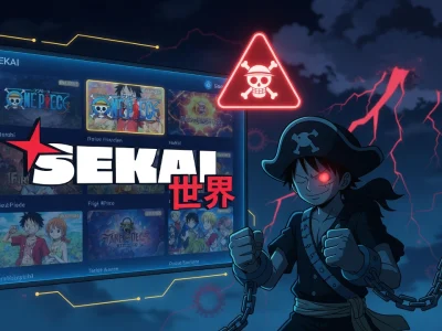 Illustration montrant un personnage d'anime enchaîné devant une interface de streaming illégal Sekai One