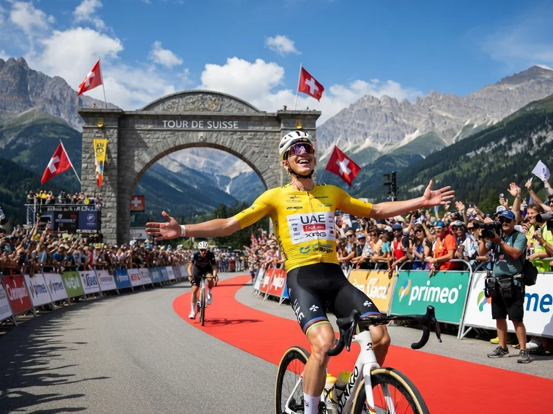 Pogacar célèbre sa victoire en franchissant la ligne d'arrivée sous une arche en pierre devant une foule enthousiaste