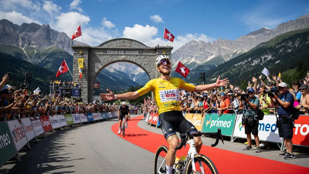 Pogacar célèbre sa victoire en franchissant la ligne d'arrivée sous une arche en pierre devant une foule enthousiaste