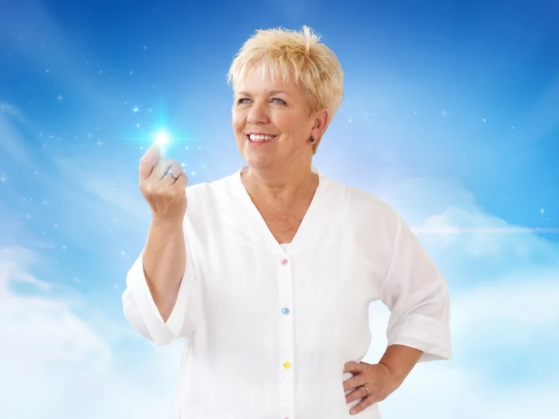 Joséphine, Ange gardien sourit en tenant une lumière scintillante sur fond de ciel bleu