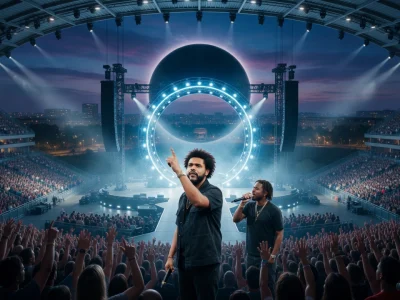 Vue d'ensemble du spectacle The Weeknd Lille avec artistes sur scène et foule en liesse